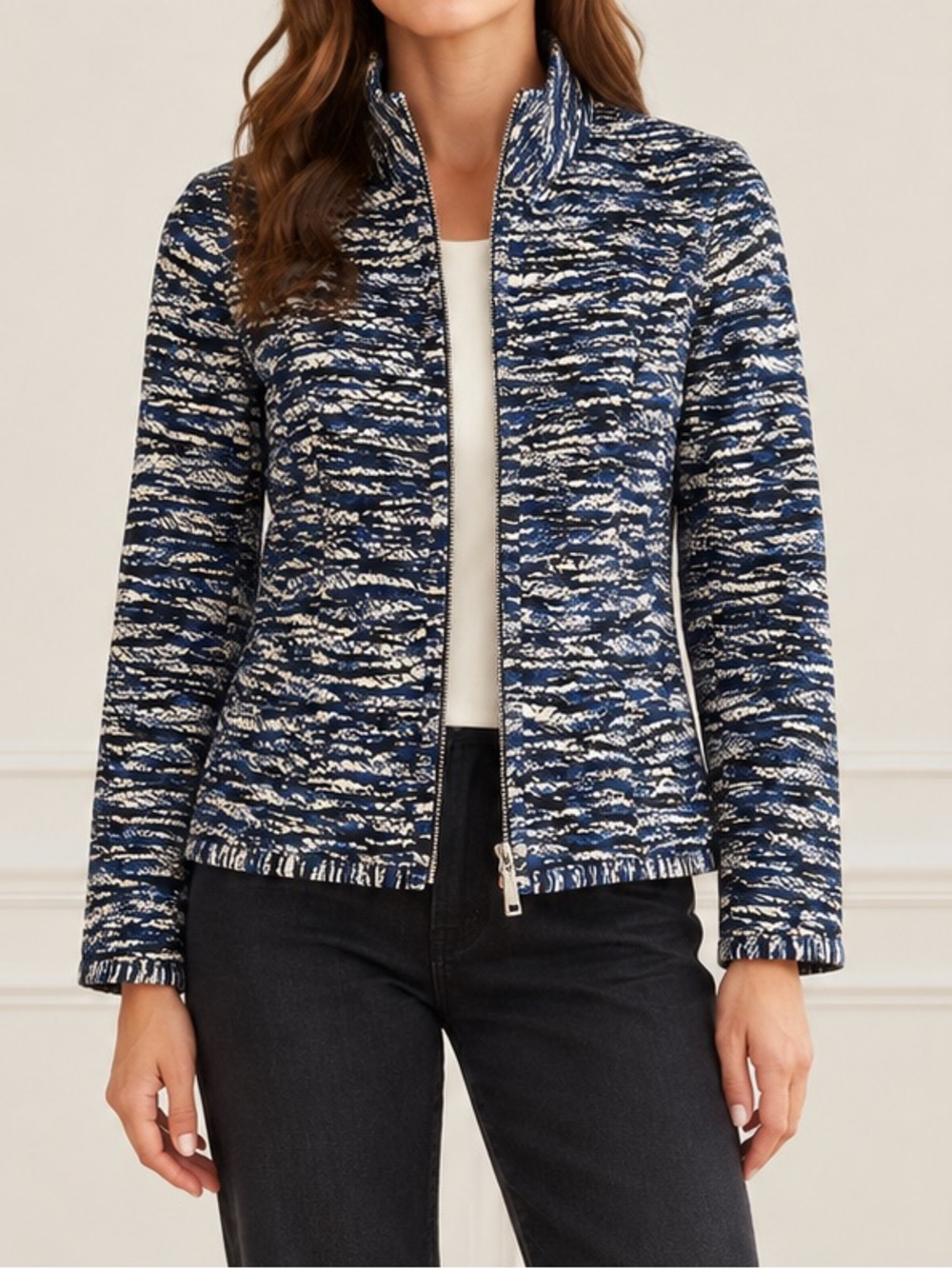 St. John Reversible Quilted Jacket Blue White Print Black Zip Front Small